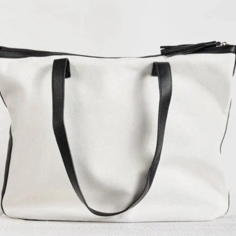 Walter Baker - Carly Tote Bag - White Canvas and Vegan Black Leather - NWT